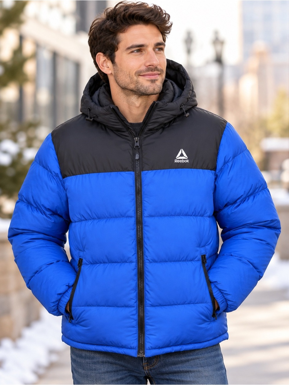 Reebok Men’s Large Blue Black Colorblock Hooded Puffer Jacket Winter Coat